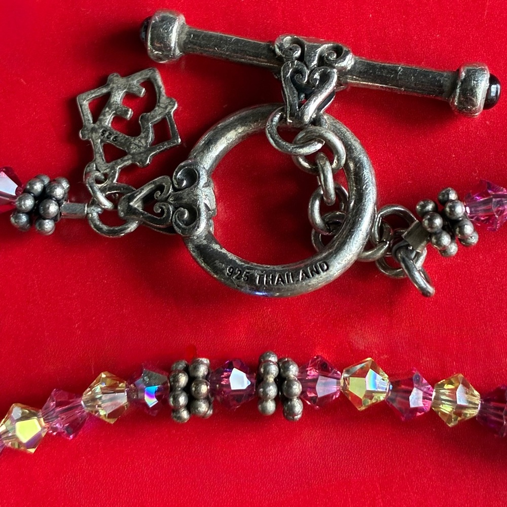 925 Silver Necklace,Pink and Yellow Crystal Bead Necklace with Silver Accents - Picture 4 of 10